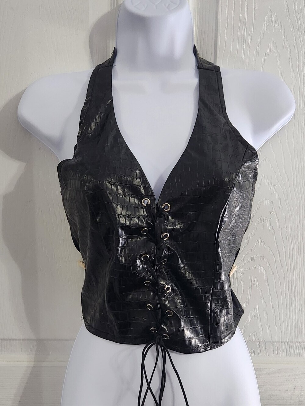 Black faux leather medium corset halter top Coquette girl biker grunge bodycon
